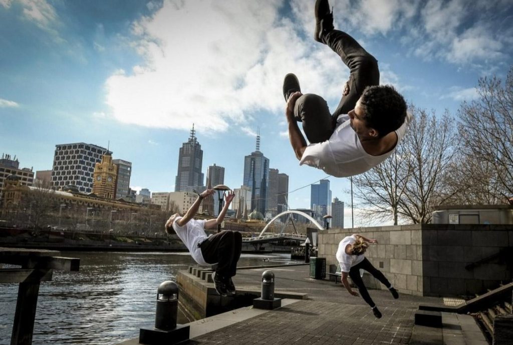 Participants enjoying Southbank parkour Sundays session at Riverside Quay, Melbourne.